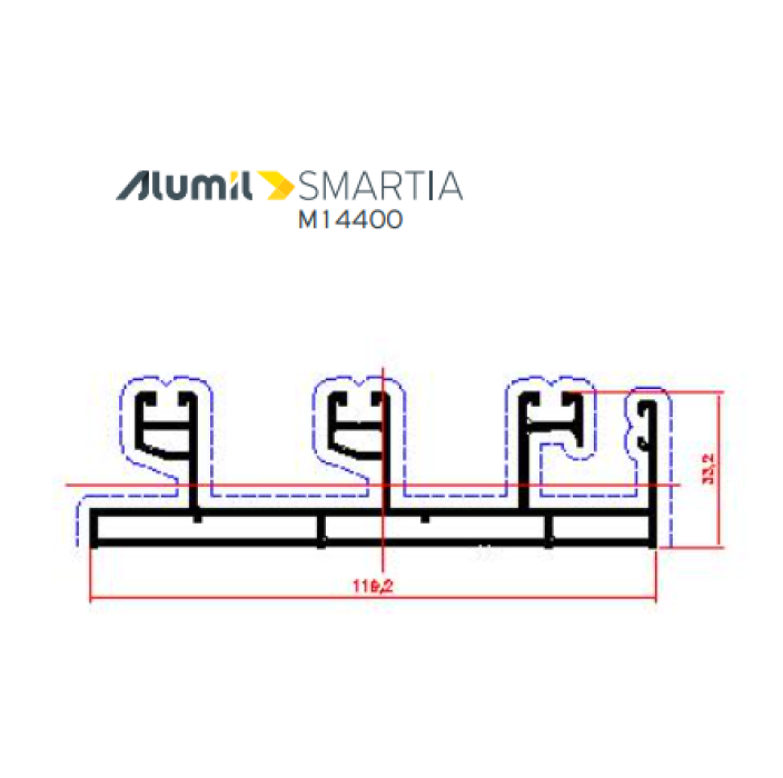 Τριπλός οδηγός M14403 για 2φ.επάλληλο με σίτα ή 3φ.επάλληλο τζάμι ή χωνευτό τζ-σι-πα της σειράς M14400 Alumil 6m σε χρώμα λευκό 9016