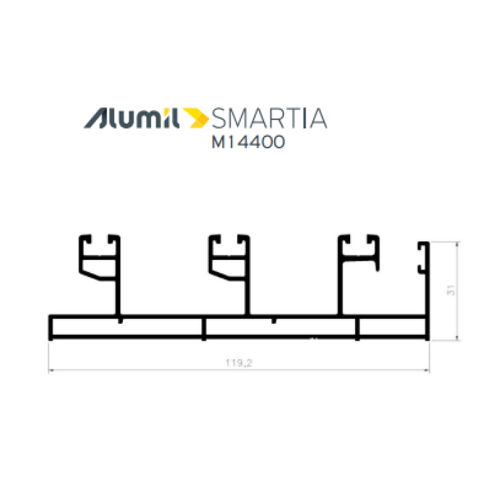Τριπλός οδηγός M14403 για 2φ.επάλληλο με σίτα ή 3φ.επάλληλο τζάμι ή χωνευτό τζ-σι-πα της σειράς M14400 Alumil 6m σε χρώμα λευκό 9016