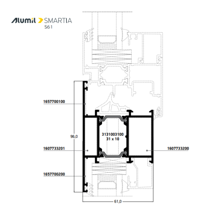Ταυ S61776 κάσας της σειράς S61 Smartia Alumil 6,5m σε χρώμα λευκό 9016
