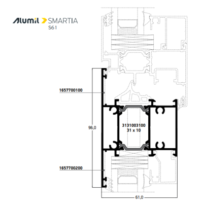 Ταυ S61770 κάσας της σειράς S61 Smartia Alumil 6,5m σε χρώμα λευκό 9016