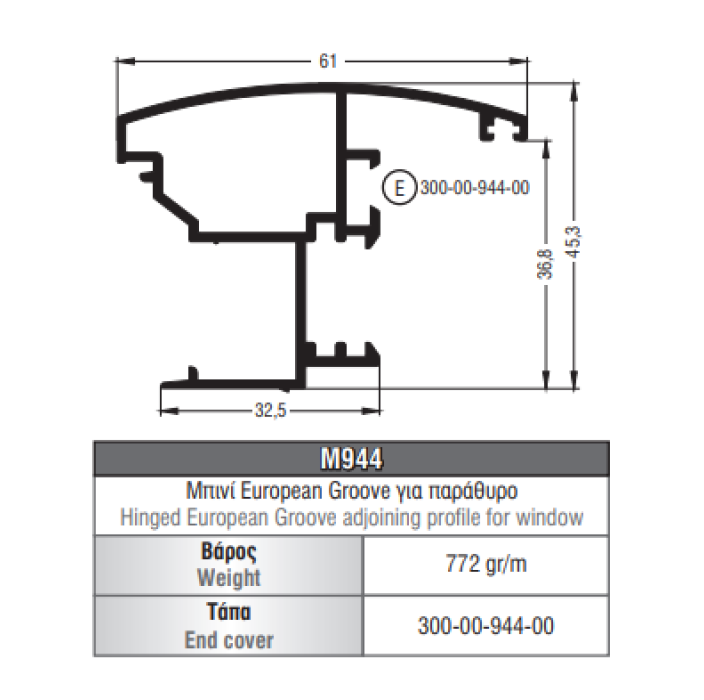 Μπινί οβάλ (πομπέ) M944 σειράς Μ940 Comfort Alumil 6m σε χρώμα λευκό 9016
