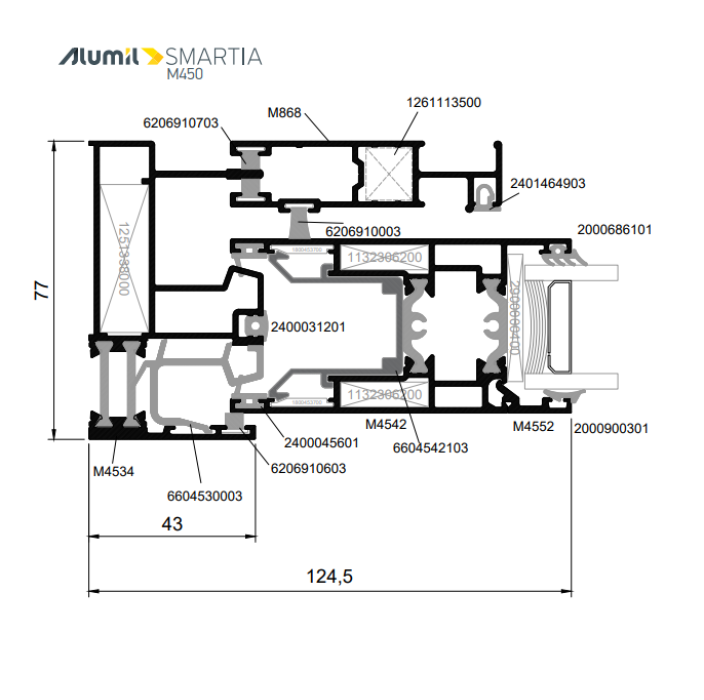 Οδηγός διπλός τζάμι-σίτα M4534 της σειράς M450 Alumil 6m σε χρώμα λευκό 9016