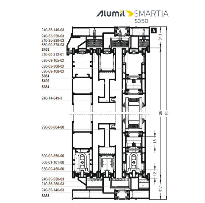 Φύλλο πατζουριού S364 σειράς S350 Smartia Alumil 6m σε χρώμα λευκό 9016