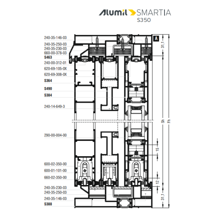 Φύλλο πατζουριού S364 σειράς S350 Smartia Alumil 6m σε χρώμα λευκό 9016