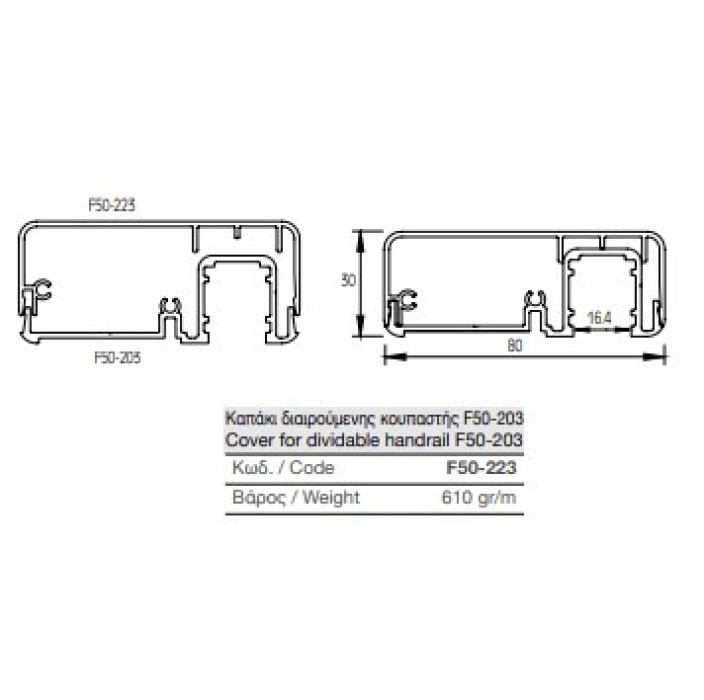 Καπάκι διαιρούμενης κουπαστής F50-223 Aluminco