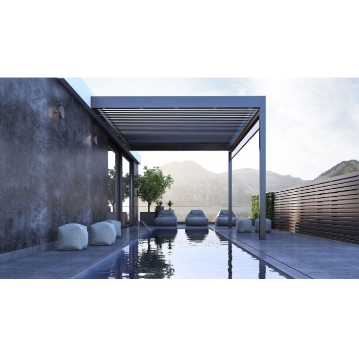 Κινητή βιοκλιματική πέργκολα GLM HELLAS (Alumil) PG 120P Mykonos (διαστάσεων προβολή 5m πλάτος 3m και ύψος 3m με led φωτισμό ) χρώμα Structura
