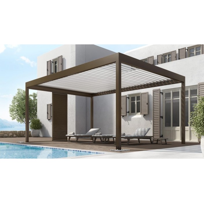 Κινητή βιοκλιματική πέργκολα GLM HELLAS (Alumil) PG 120P Mykonos (διαστάσεων προβολή 5m πλάτος 3m και ύψος 3m με led φωτισμό ) χρώμα Structura