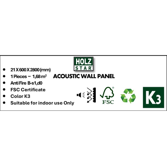 Σανίδα ηχομονωτική (Acoustic wall panel I) 21x600x2800 πηχάκια με καπλαμά χρώμα λαδί κωδ. K3 τιμή φύλλου 1,68m2