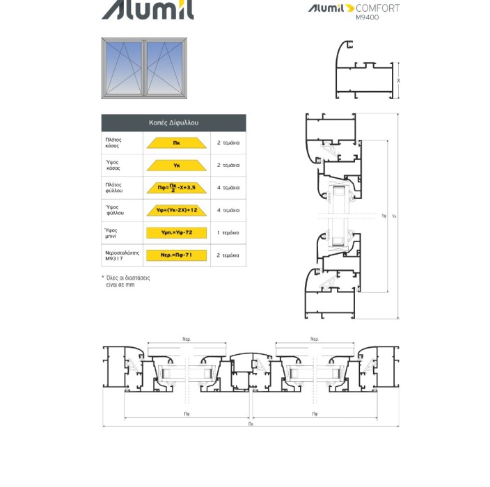 Φύλλο εισόδου European Groove M9562 σειράς Μ9400 Comfort Alumil 6m σε χρώμα λευκό 9016