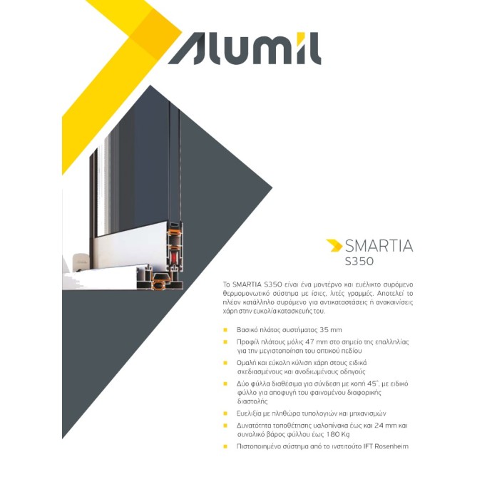 Φύλλο τζαμιού S384 σειράς S350 Smartia Alumil 6m σε χρώμα λευκό 9016
